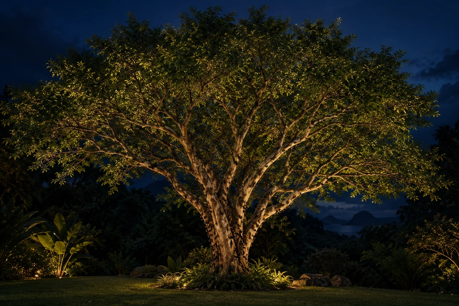 Cena artística de uma jabuticabeira em um jardim ao anoitecer